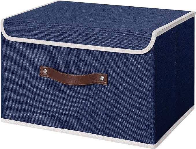 ANMINY Storage Bin with Lid Storage Boxes with PU Leather Handles PP Plastic Board Decorative Foldable Lidded Cotton Linen Fabric Home Cubes Baskets Closet Organizer Container - Blue, Large Size