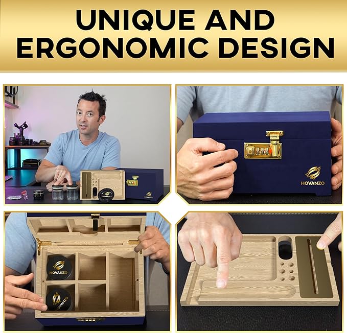 HOVANZO Premium Large Bamboo Storage Box with Removable Tray - Storage Wood Box for Herbs and Accessories - Storage Box Set with Combination Lock - Smell Proof Container with Accessories