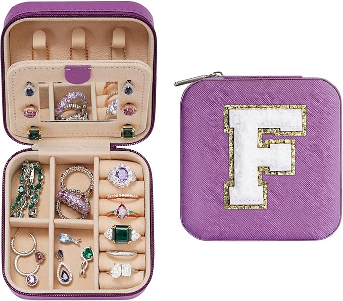 Parima Gifts for Mom - Small Travel Jewelry Box, Travel Jewelry Case with Mirror for Necklace Earrings Rings Organizer | Birthday Gifts Christmas Travel Gifts for Mom - Letter F, Purple