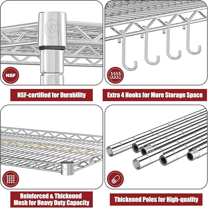 PrimeZone 4 Tier 55.5" Wx24 Dx76 H Wire Shelving with Wheels 2400lbs NSF Certified Storage Shelves Heavy Duty Metal Shelf Adjustable Rolling Rack Commercial Garage Restaurant Warehouse Chrome 2Pack
