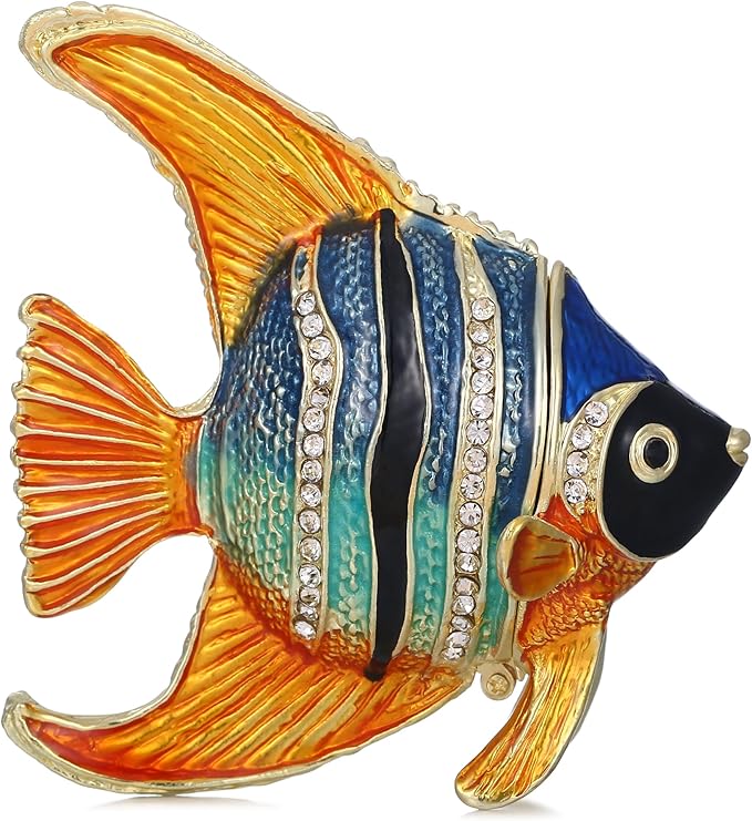 Hand Painted Animal Trinket Box for Home Decor, Hinged Jewelry Organizer Storage, Unique Personalized Collectible Keepsake Figurine Handmade Decorative Ornament Gifts (Angelfish)