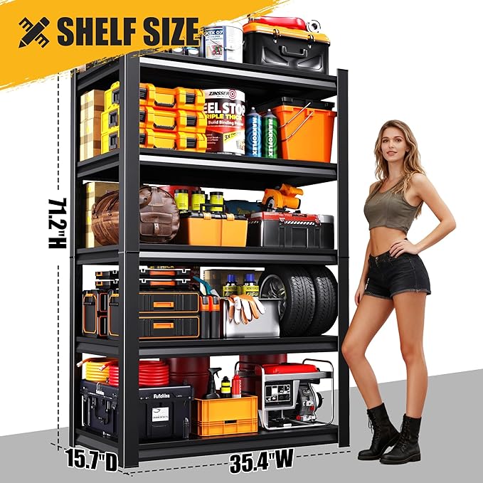 71" H-35 W Garage Shelving Heavy Duty Storage Shelves, Metal Adjustable Shelving Unit, Utility Garage Organizer Shelf for Basement, Pantry, Kitchen, Warehouse,16" D x 35" W x 71" H, Black