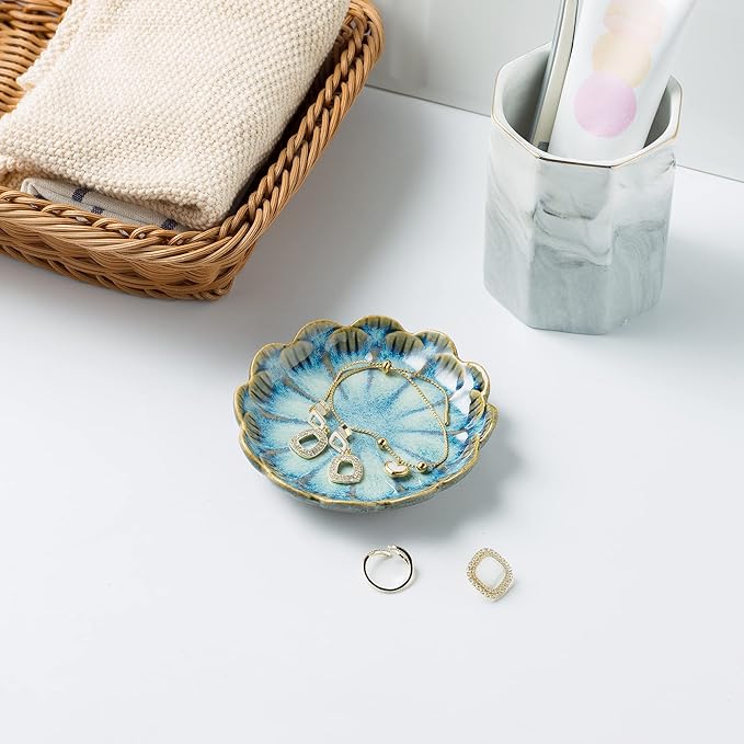 Jewelry Dish Tray, Ring Dish, Ceramic Trinket Tray, Key Bowl, Decorative Plate, for Friends Sisters Daughter Mother (Retro Blue)