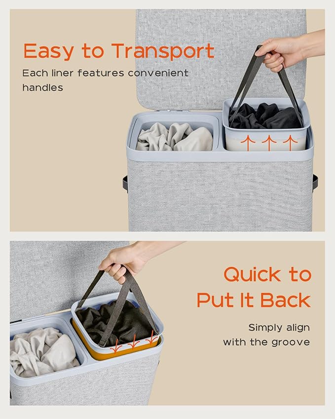 CASAMAYA Laundry Basket with Lid, Laundry Hamper 2 Section, 170L collapsible Laundry Organizer, Easy Assembly, with Handles and Removable Liners, 22 x 15.7 x 29.5 Inches, Gray JSP903G