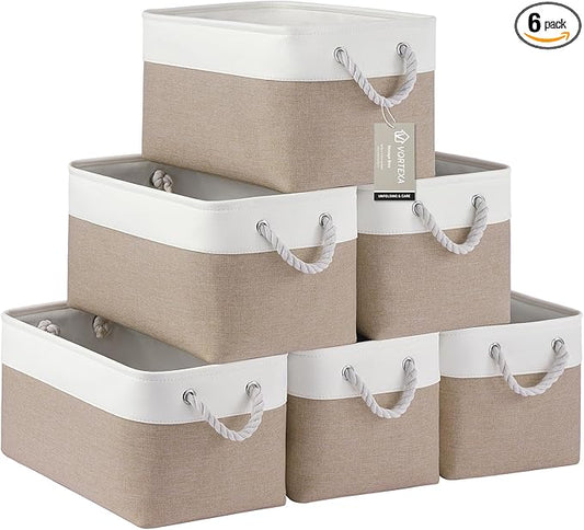 Large Storage Baskets- 15x11x10 inch Storage Bins for Shelves and Closet Organizing, Foldable Fabric Bin for Home Organization Clothes and Laundry (6-Pack, White&Khaki)