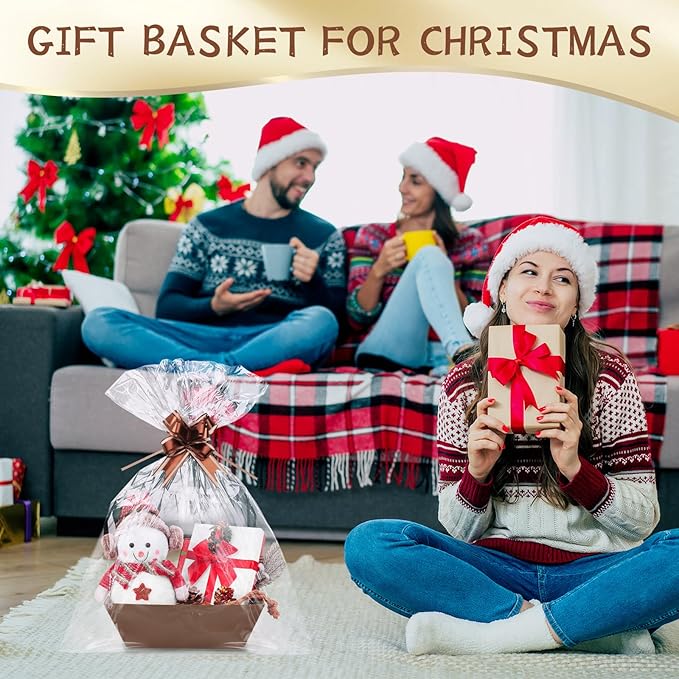 AFOROEOA 20PACK Baskets for Gifts Empty, 12x10x4” Thick Brown Gift Basket with Handles, 20 Bows & 20 Bags - Empty Gift Baskets for Christmas, Thanksgiving, Wedding, Birthday Party, Wrapping Gifts