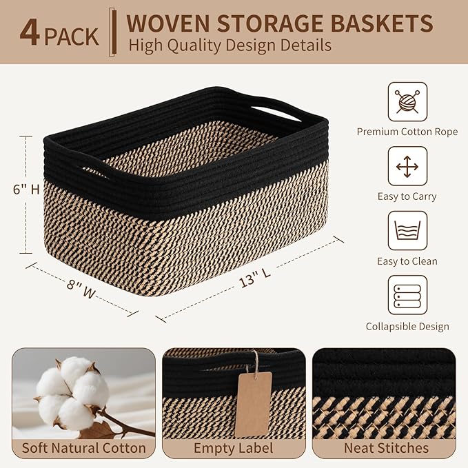 Goodpick 4 Pack Storage Baskets for Shelves, Rectangle Wicker Storage Bins for Baby Shower Toys, Decorative Organizer Shelf Baskets for Gifts Empty, 13''L x 8''W x 6''H, Black & Jute