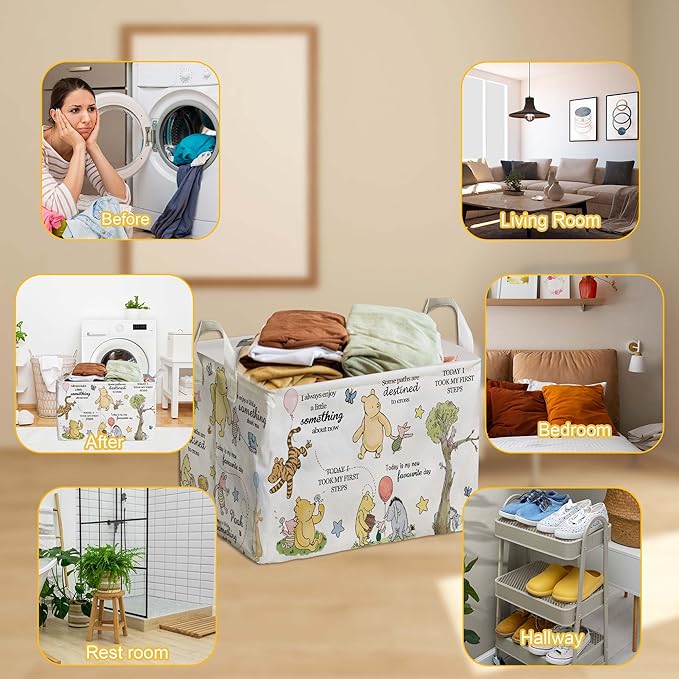 Winnie Storage Basket, The Pooh Nursery Baby Stuff, Winnie Nursery Storage Baske Storage Basket With A Waterproof PE Coating, Foldable Large Canvas Laundry Hamper Suitable For Bathroom and Bedroom