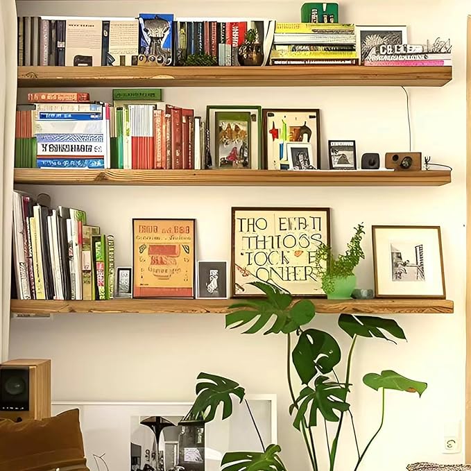 ROGMARS 36 Inches Long Walnut Floating Shelves,Rustic Solid Wood Farmhouse Wall Shelves with Invisible Brackets for Bathroom, Living Room, Bedroom, Kitchen Set of 3