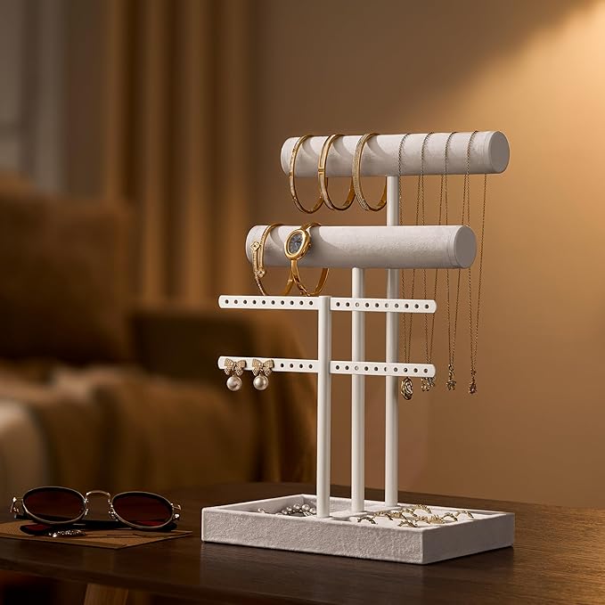 bussdis 3 Tier Bracelet Holder Display - Detachable T Bar Pure White Velvet Bracelet Holder, Jewelry Holder Organizer for Bracelet, Necklace, Earrings, Rings
