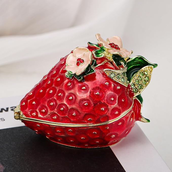 Hand Painted Fruit Trinket Box for Home Decor, Hinged Jewelry Organizer Storage, Unique Personalized Collectible Keepsake Figurine Handmade Decorative Ornament Gifts (Strawberry)
