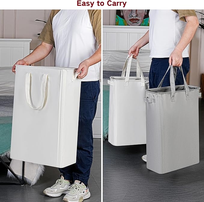 efluky Slim Laundry Basket, Narrow Laundry Hamper with Handles, Collapsible Dirty Clothes Hamper, Tall Laundry Bin for Laundry Room, Dorm and Bedroom, 19.8 Gallon (75L) Grey (Pack of 2)