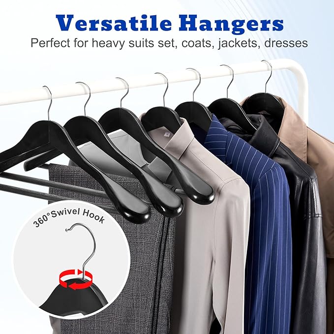 HOUSE DAY Wood Suit Hangers for Men 24 Pack, Smooth Wide Shoulder Wooden Hangers with Non Slip Pant Holder, Wide Hangers for Suits, Coats, Jackets, Heavy Wide Clothes Hanger, Black
