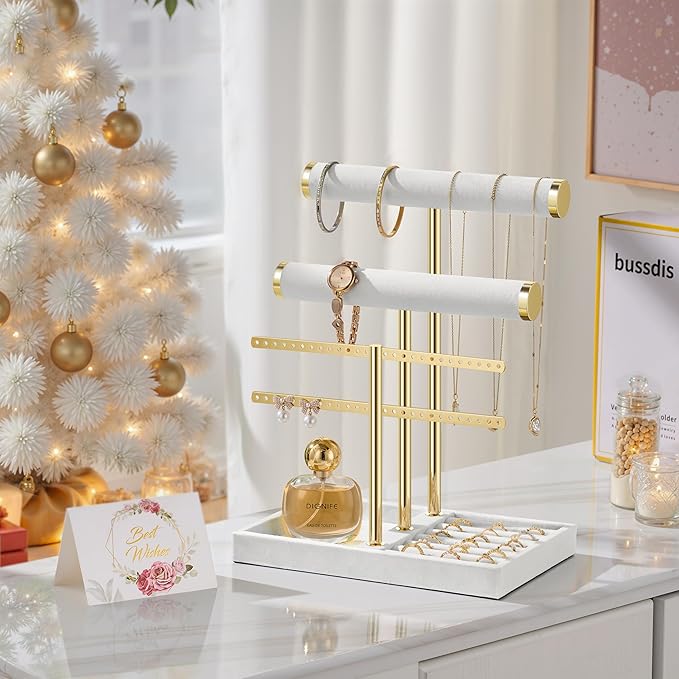 bussdis 3 Tier Bracelet Holder Display - Detachable T Bar White Velvet Bracelet Holder, Jewelry Holder Organizer for Bracelet, Necklace, Earrings, Rings