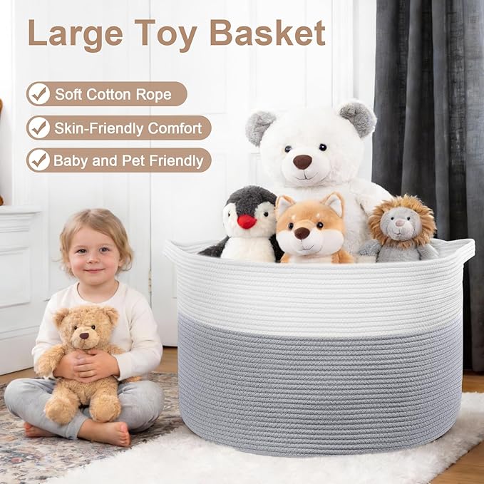 XXL Large Laundry Basket, 90L Soft Cotton Rope Basket, Blanket Storage and Organizers, Baby Nursery Laundry Hamper, Extra Large Toys Storage Bins for Kids 23'' x 13'', White & Gray
