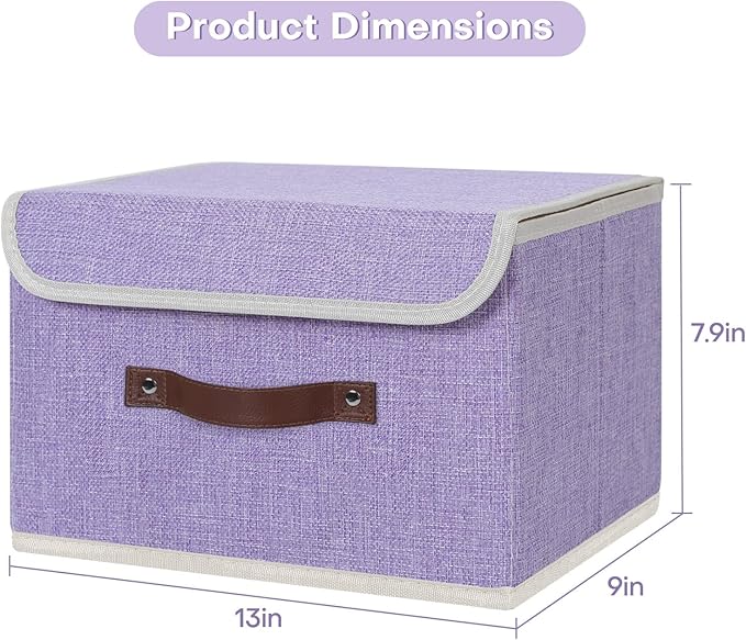 ANMINY 2PCS Storage Bin with Lid Storage Boxes with PU Leather Handles PP Plastic Board Decorative Foldable Lidded Cotton Linen Fabric Home Cubes Baskets Closet Organizer Container - Purple, Medium