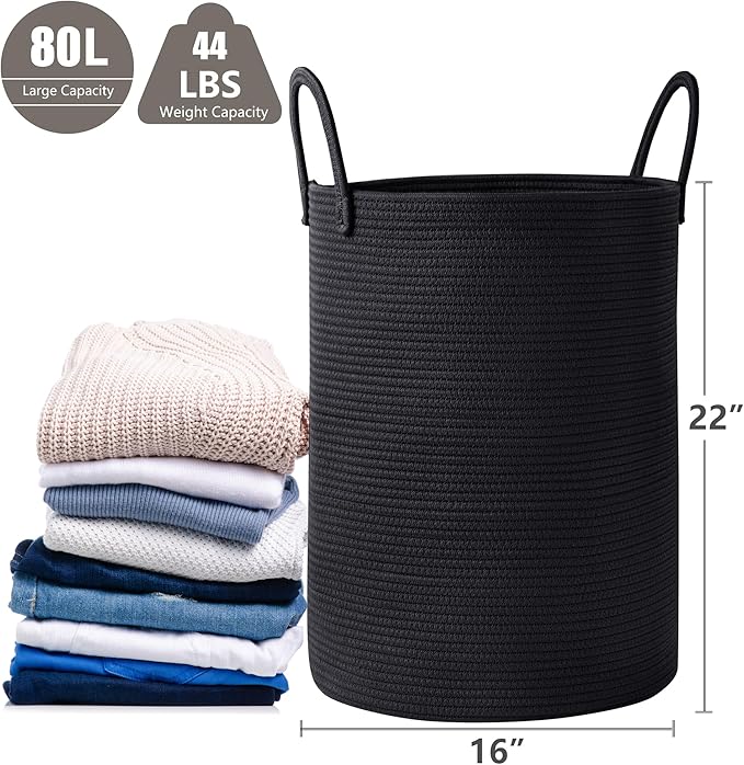 80L Extra Large Black Laundry Hamper Tall Woven Rope Laundry Basket for Clothes Modern Blanket Storage Basket in Living Room Bedroom 16"L x 16"W x 22"H