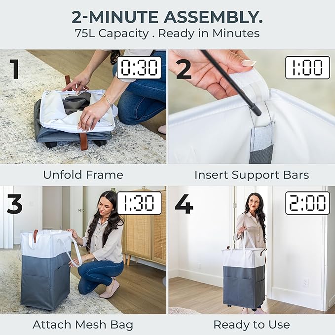 Laundry Basket with Wheels – Foldable, Space-Saving, Fabric Slim Laundry Hamper with Removable Bag and Side Pouches – Lightweight 75L Washing Basket for Clothes, Bedroom, Bathroom, Dorm