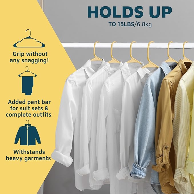 Lifemaster Plastic Clothes Hangers – Heavy Duty Hanger Set, for Organizing Clothes, Dresses, and Coat, Holds Up to 5 lbs, Space-Saving Hangers with Non-Slip Shoulder Grooves, Pack of 30, Yellow