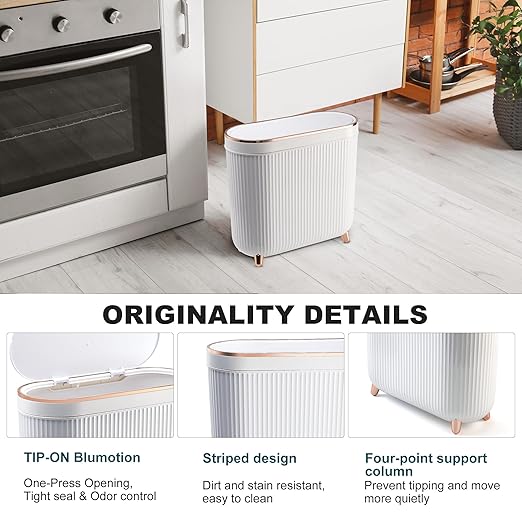Supteron Bathroom Trash Can with Lid 3.2 Gallon Narrow Trash Can Small Plastic Trash Bin 12 Liter Rectangular Plastic Garbage Can with Press Type Lid for Bedroom Bathroom Milk White