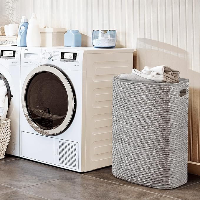MEGASKET Large Laundry Hamper 16"x13"x22" - Tall Woven Laundry Basket, Cotton Rope Dirty Clothes Hamper, Baby Kids Nursery Wicker Laundry Basket, Bedroom Aesthetic, Soft Laundry Bin, Gray Hamper, 75L