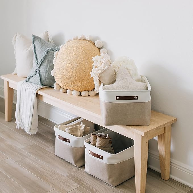 OrganiHaus Extra Large Fabric Storage Baskets for Shelves, 3 Pack, 16 x 13 in Closet Storage Bins, Canvas Organizer Baskets, Beige/Off-White