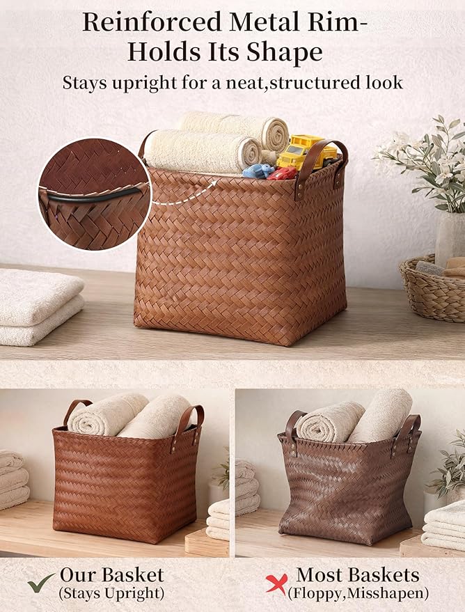 Hand Woven Baskets for Storage, 4Pcs Water-Resistant Wicker Baskets, Brown Wicker Storage Baskets for Shelves, Large Basket with Handle for Organizing, Clothes, Laundry, Blanket - Square