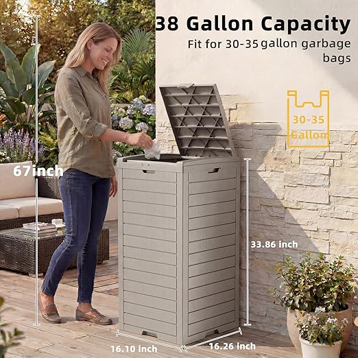 EFU 38 Gallon Outdoor Trash Can with Lid & Drip Tray, Waterproof Garbage Can for Patio Backyard Deck Porch, Heavy Duty Waste Container Bin，Light Coffee