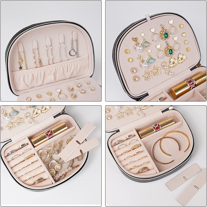 ProCase Travel Size Jewelry Box, Medium Portable Seashell-Shaped Jewelry Case, 2 Layer Jewelry Organizer in PU Leather for Women -Black
