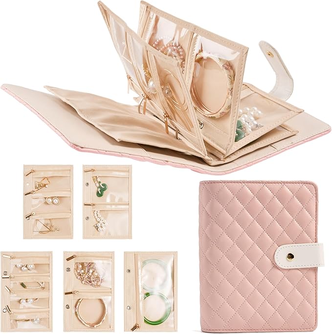 Travel Jewelry Case Organizer PU Leather Jewelry Storage Book Ring Binder with Zipper Velvet Jewelry Pouches Bags for Rings,Necklace,Bracelet - Pink