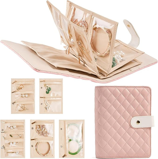 Travel Jewelry Case Organizer PU Leather Jewelry Storage Book Ring Binder with Zipper Velvet Jewelry Pouches Bags for Rings,Necklace,Bracelet - Pink
