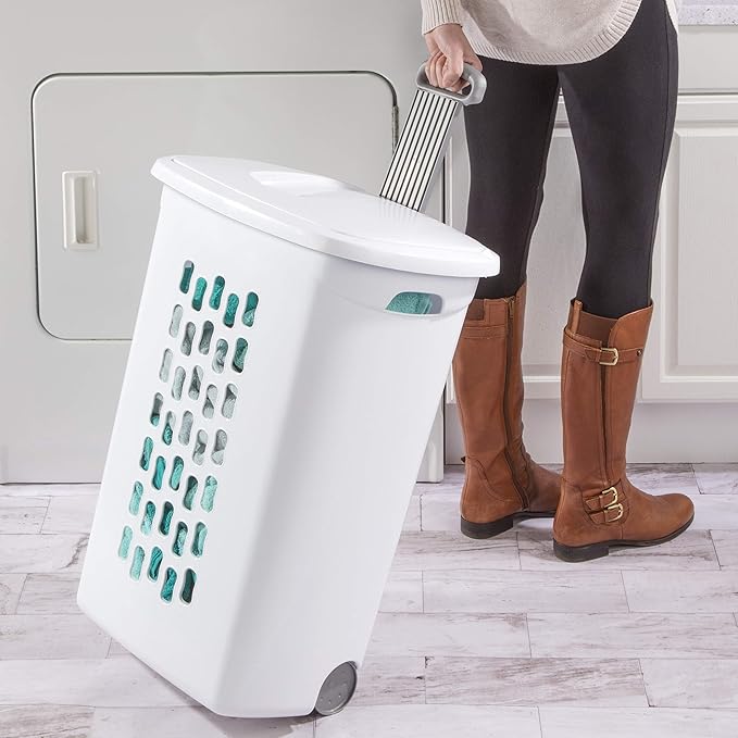 Sterilite 3 pack Ultra Wheeled Hamper, Laundry Basket w/Flip-Top Lid & Retractable Handle - Plastic Rolling Clothes Storage Cart with Ventilated Holes for Home, Apartment or Dorm