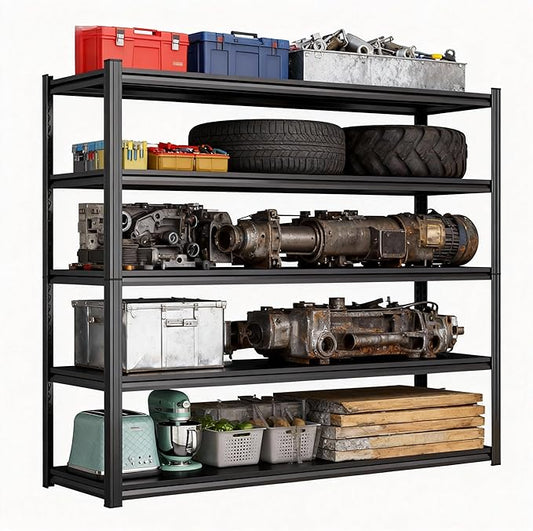 Garage Shelves,45''W Heavy-Duty Storage Shelves, Double-Layer Uprights, Thickened Shelves, Waterproof &Rustproof, Suitable for Indoor & Outdoor Use. (BLACK, 5TIER 45''W*16''D*72''H, 5-TIER)