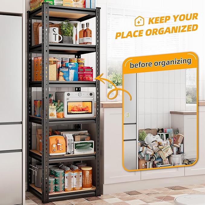 REIBII Storage Shelves 6 Tier Garage Shelving, Adjustable Shelving Units Loads 2250LBS, Narrow Shelves Units and Storage for Kitchen, Pantry, Garage, Closet, Basement, 16" W x 16" D x 72" H