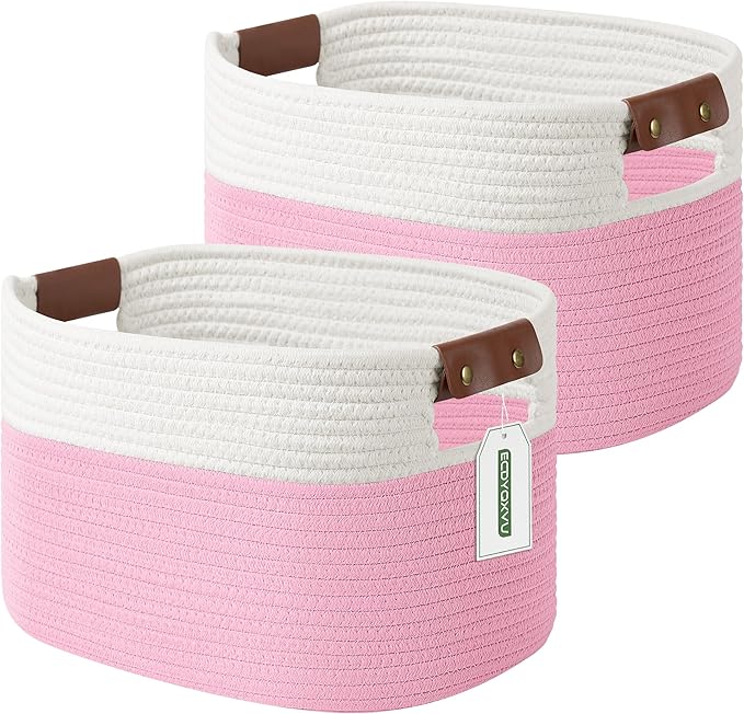 ECDYQXVU Cotton Rope Basket, Storage Baskets with Handle, 15x10x9 Inch Woven Basket for Shelves, Laundry, Towels, Clothes, Books (White/Pink 2Pack)