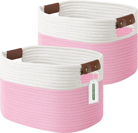 ECDYQXVU Cotton Rope Basket, Storage Baskets with Handle, 15x10x9 Inch Woven Basket for Shelves, Laundry, Towels, Clothes, Books (White/Pink 2Pack)