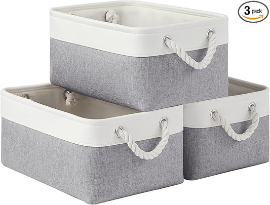 Storage Baskets for Shelves 13.8x9.8x6.7 Inch, Foldable Fabric Storage Bins with Handles, Small Storage Baskets for Organizing Closet, Office, Home Organization (3-Pack, White&Gray)