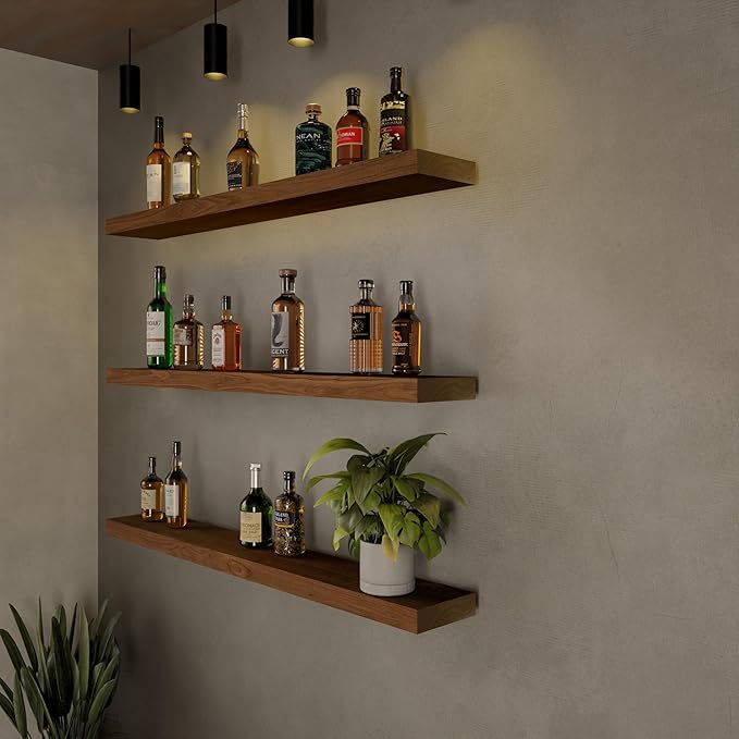 ROGMARS 36 Inches Long Walnut Floating Shelves,Rustic Solid Wood Farmhouse Wall Shelves with Invisible Brackets for Bathroom, Living Room, Bedroom, Kitchen Set of 3