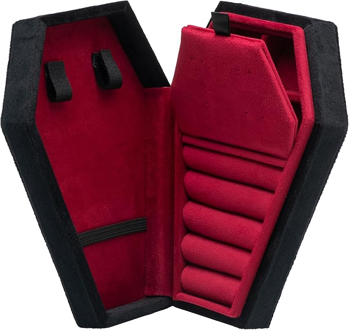Velvet Coffin Jewelry Travel Case Holder for Gothic Wedding Ceremony Jewelry Organizer Decoration (Black Red 4 Grid)