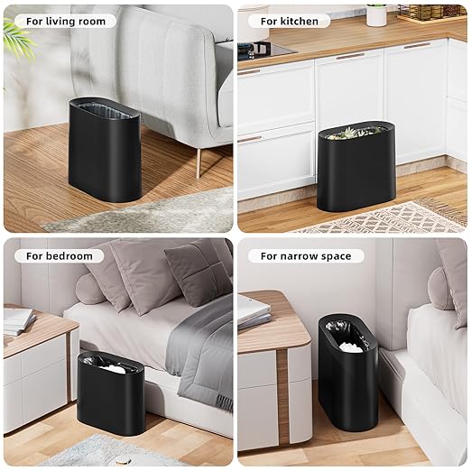 SUBEKYU 2.3 Gal Trash Can for Bathroom,Small Office Garbage Can for Kitchen,Slim Rectangular Waste Bin,Plastic,Black