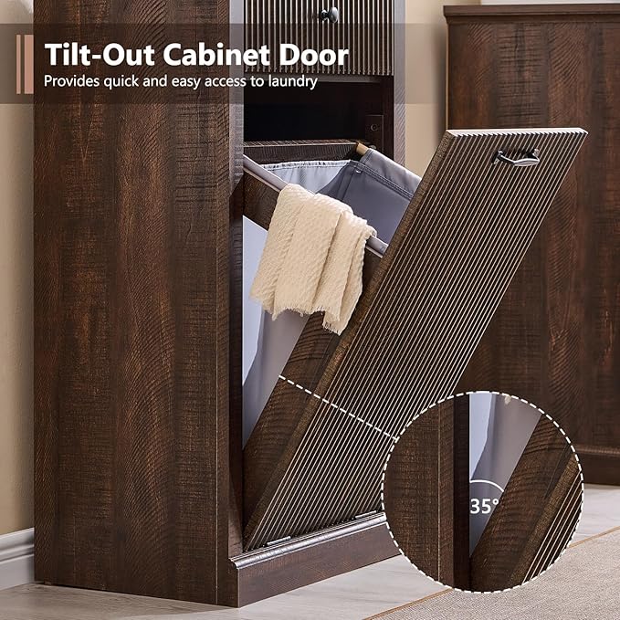 IFBUY Modern Tilt Out Laundry Hamper Cabinet, 10 Gallon Fluted Trash Can Cabinet with Drawer, Wooden Hidden Garbage Can Cabinets with Laundry Basket, Free Standing for Bathroom and Kitchen, Brown