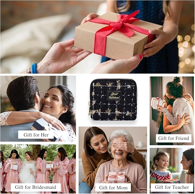 Stratalife Travel Jewelry Case Portable Jewelry Box with Small Pouches for Gemstones Healing Crystal, Bracelets Necklace Bangles Storage, Ring Holder for Women, Quilted Black