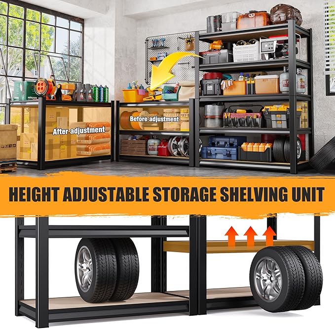 71.2" H Garage Shelving Heavy Duty Storage Shelves, Metal Adjustable Shelving Unit, Utility Garage Organizer Shelf for Basement, Pantry, Kitchen, Warehouse, 45.6" Wx17.7 Dx71.2 H, Black