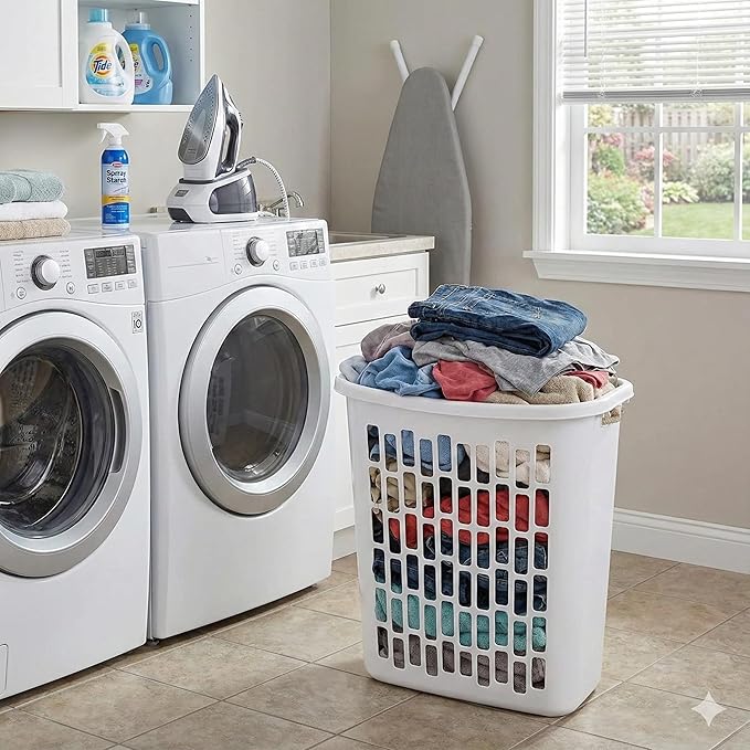 Bushel Laundry Hamper, Slim Rectangular Ventilated Plastic Clothes Basket, Heavy Duty Washing Bin With Reinforced Handles for Bathroom, Dorm, and Closet Organization, White, 1 Pack