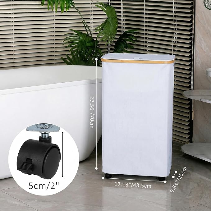 Laundry Basket with Wheels, 75L Clothes Hamper for Laundry, Laundry Hamper with Lid and Inner Bag, for Laundry Room, Bedroom, Dormitory Storage,White