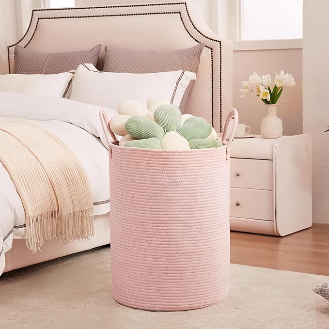 80L Extra Large Pink Hamper Laundry Basket for Baby Girls Tall Nursery Hamper for Kids Woven Rope Clothes Basket for Little Girls Room Bedroom Light Pink Kawaii 16"D x 22"H