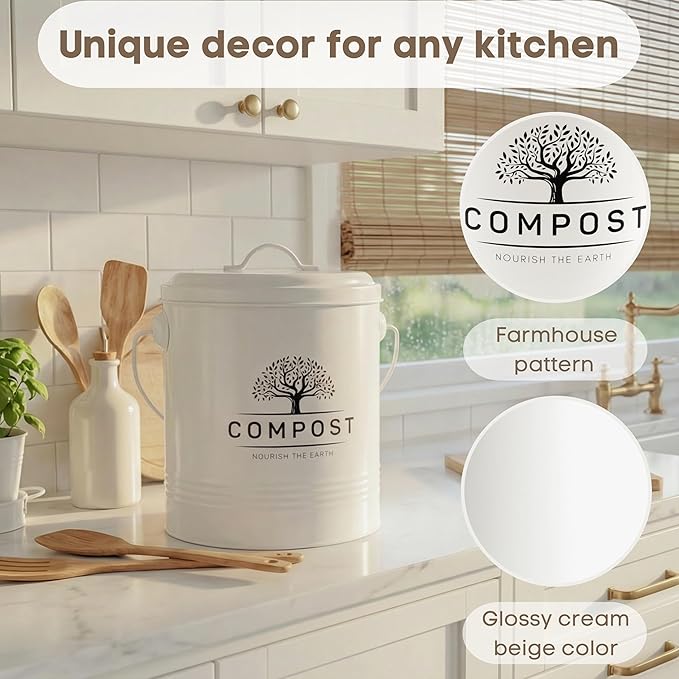 Perfnique Kitchen Compost Bin, 1.3 Gallon Countertop Compost Bin with Lid, Indoor Compost Bucket Includes Inner Bucket Liner and Carbon Filter, Small Compost Bin with Trash Bags (with Bags, Cream)
