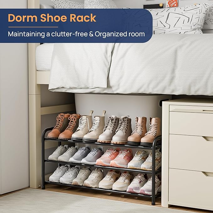 ENJOYBASICS 3 Tier Expandable Shoe Rack for Closet, Free Standing Metal Shoe Shelf Storage Organizer Holder 12 Pairs, Adjustable Width Shoe Rack for Entryway Small Space, Black | Adjustable, for Closet, Shoe Rack Storage, for Small Space, Entryway