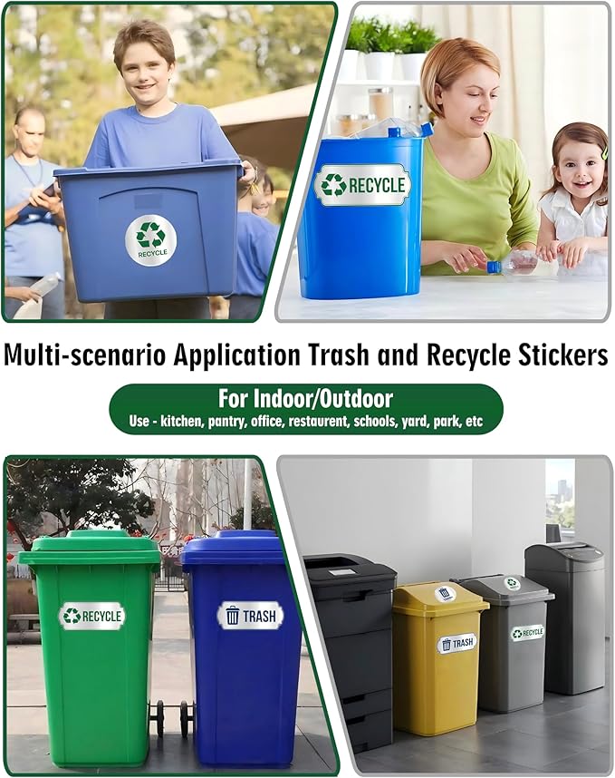 Recycle Stickers for Trash Bins 4Pcs, Waterproof Self-Adhesive Trash and Recycle Stickers for Home, Office, Hotel, Apartment, School, Recycling Signs for Indoor/Outdoor Garbage Can