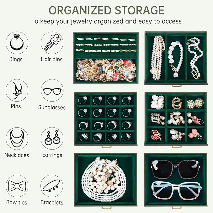 AKOZLIN 6-Tier Jewelry Box Organizer Functional 5 Drawers Leather Jewelry Storage Case for Women Girls Ring Necklace Earring Bracelet Holder Organizer with Mirror Dark Green